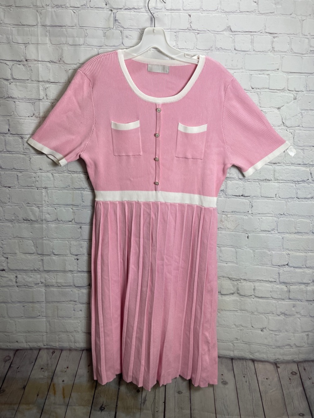 Cotton Candy Pink and Whit Short Sleeve Pleated Knee Length Spring Tennis Dress - Picture 5 of 10